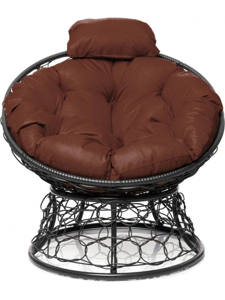 Кресло из ротанга Папасан мини серое / коричневая подушка