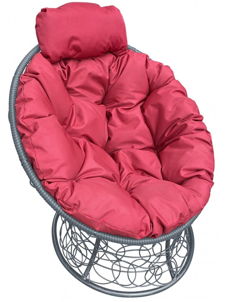 Кресло из ротанга Папасан мини серое / красная подушка