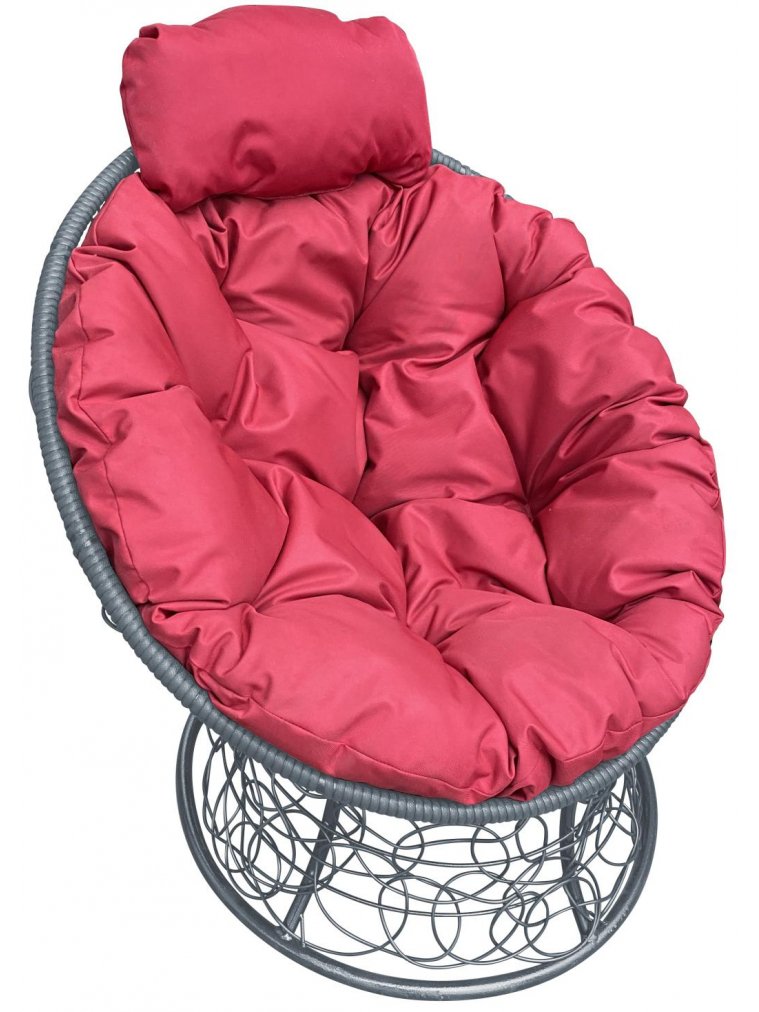 Кресло из ротанга Папасан мини серое / красная подушка