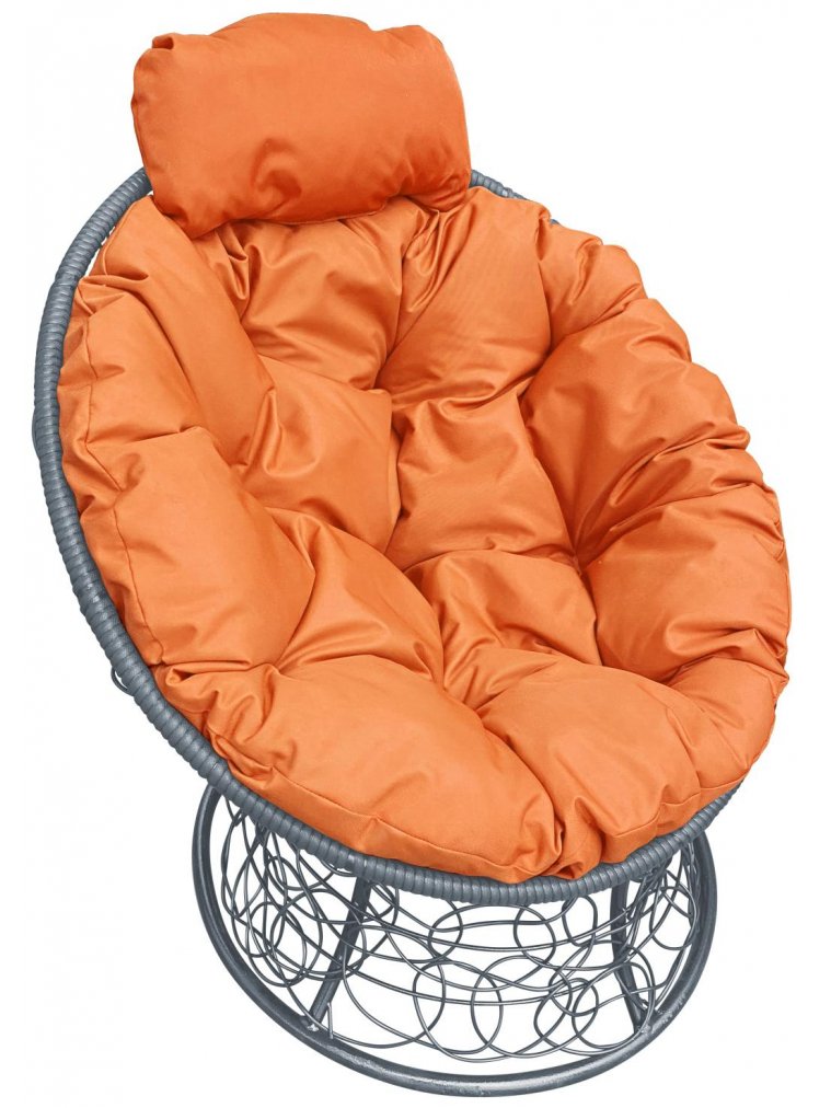 Кресло из ротанга Папасан мини серое / оранжевая подушка