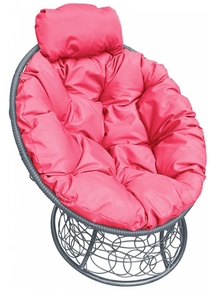 Кресло из ротанга Папасан мини серое / розовая подушка