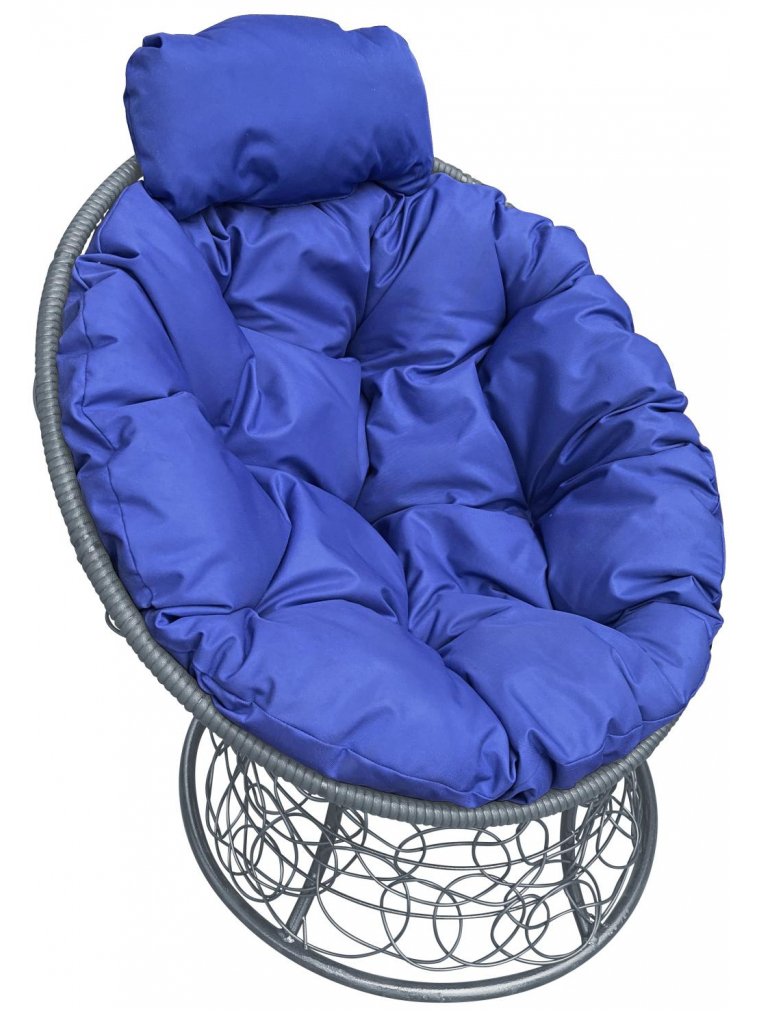 Кресло из ротанга Папасан мини серое / синяя подушка