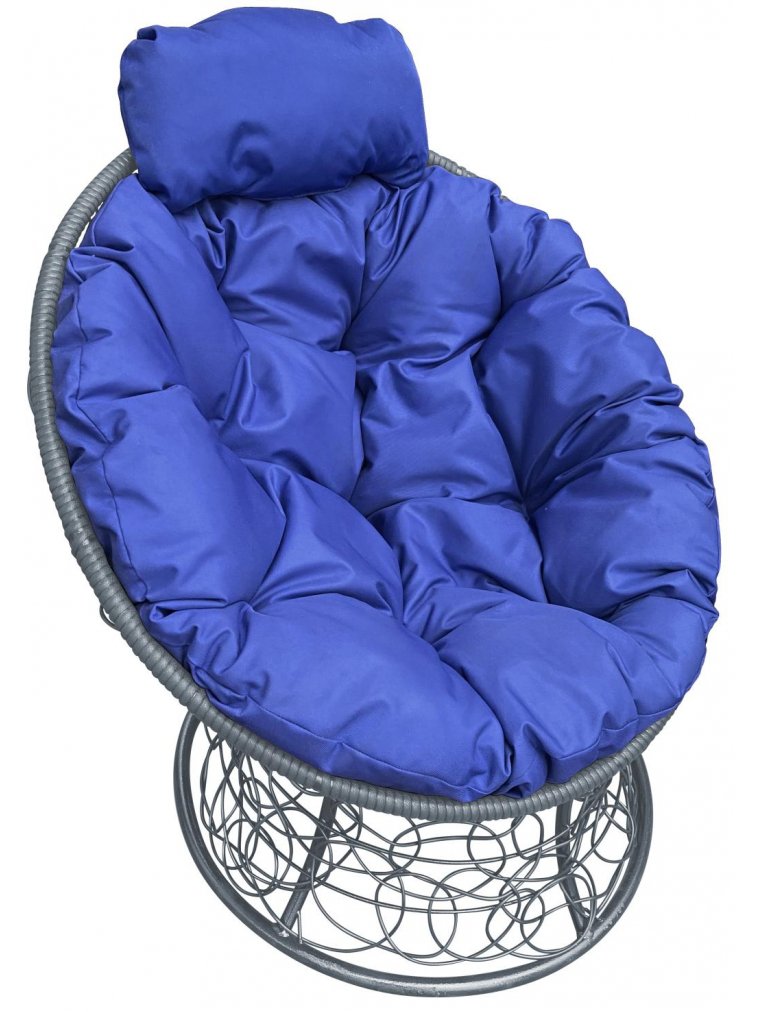 Кресло из ротанга Папасан мини серое / синяя подушка