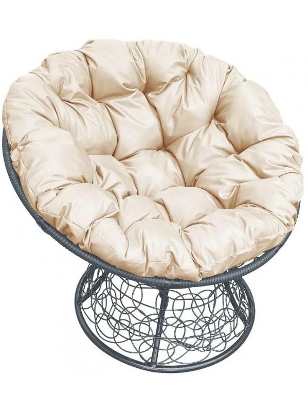 Кресло из ротанга Папасан серое / бежевая подушка