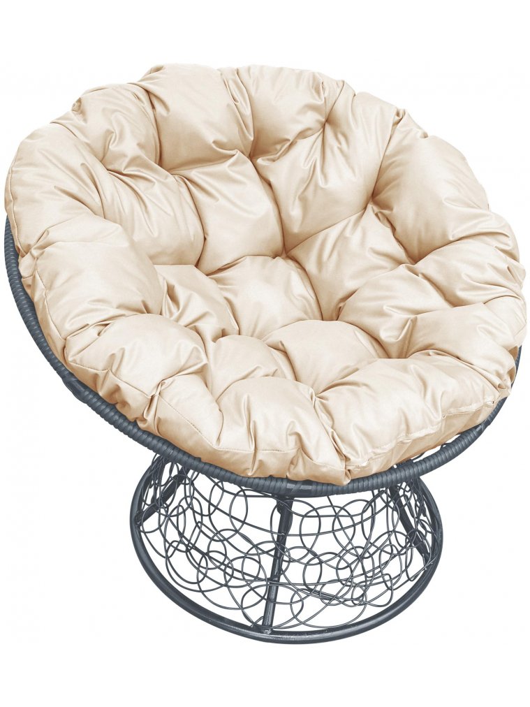 Кресло из ротанга Папасан серое / бежевая подушка