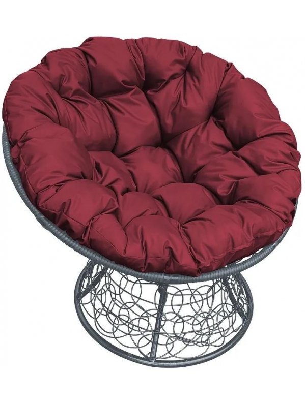 Кресло из ротанга Папасан серое / бордовая подушка