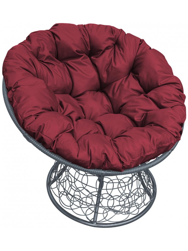 Кресло из ротанга Папасан серое / бордовая подушка