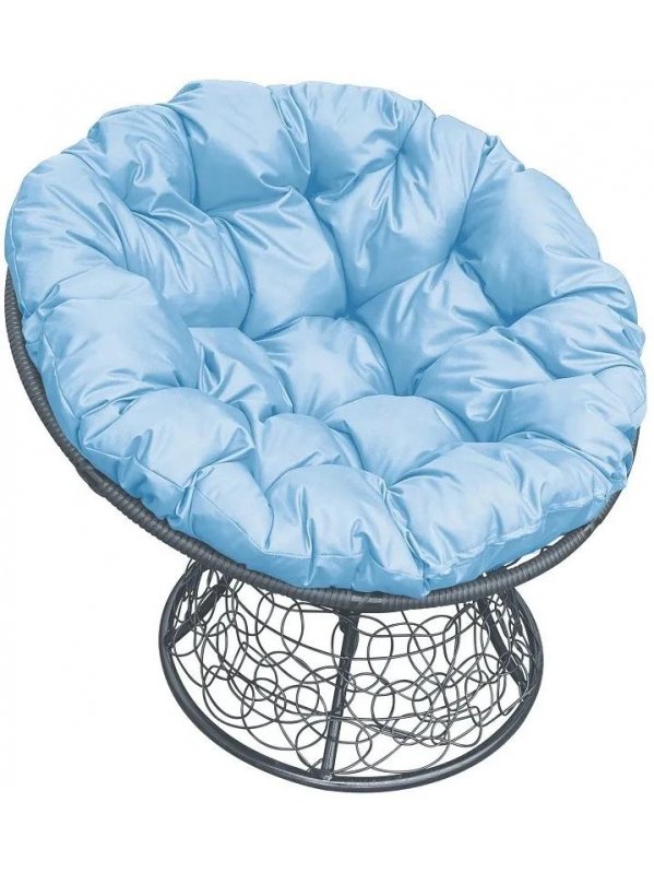 Кресло из ротанга Папасан серое / голубая подушка