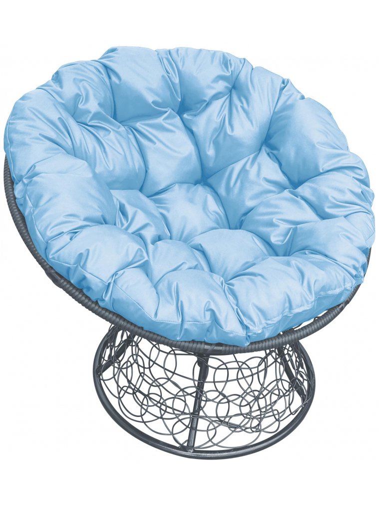 Кресло из ротанга Папасан серое / голубая подушка