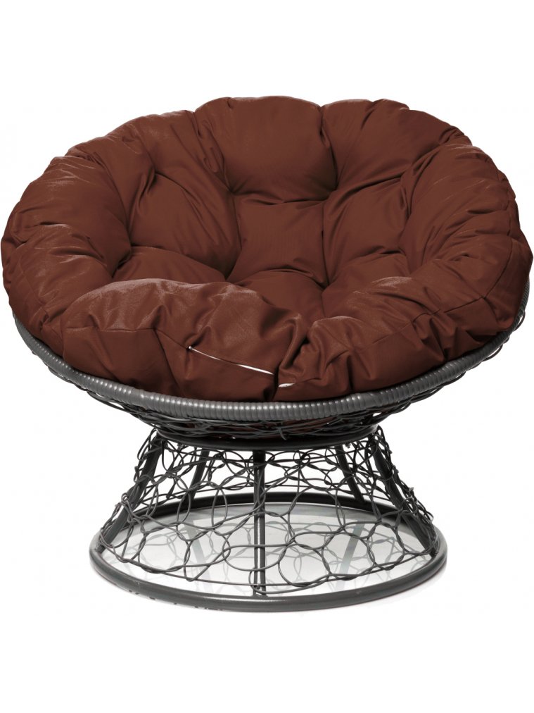 Кресло из ротанга Папасан серое / коричневая подушка