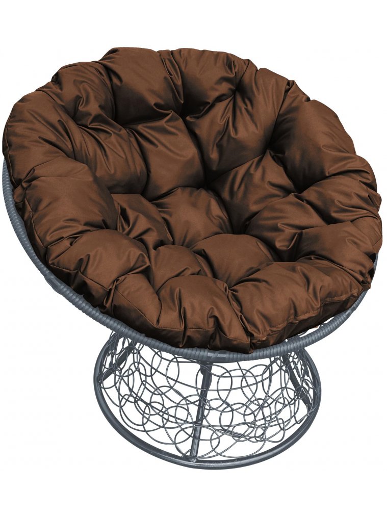 Кресло из ротанга Папасан серое / коричневая подушка