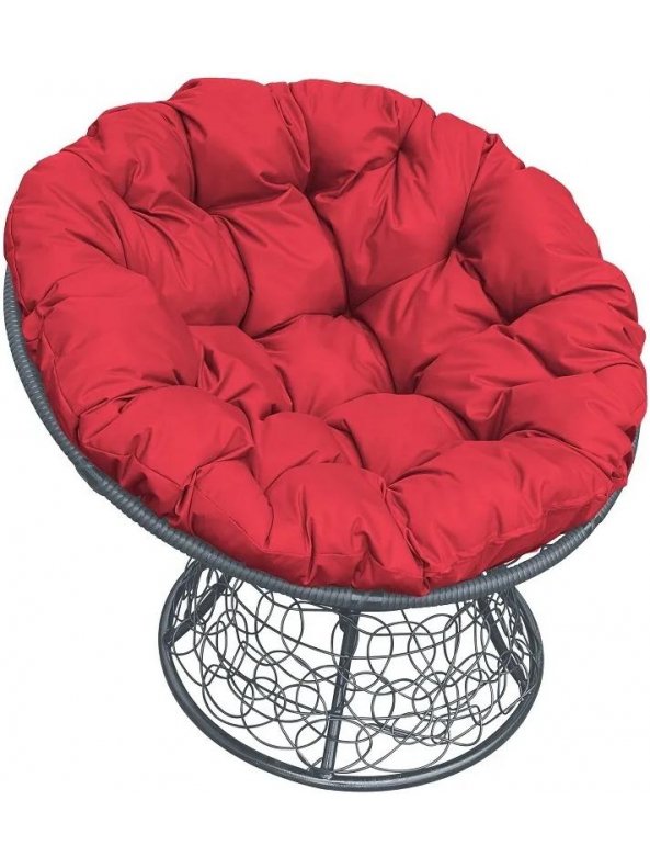 Кресло из ротанга Папасан серое / красная подушка