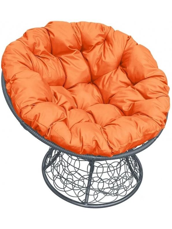 Кресло из ротанга Папасан серое / оранжевая подушка