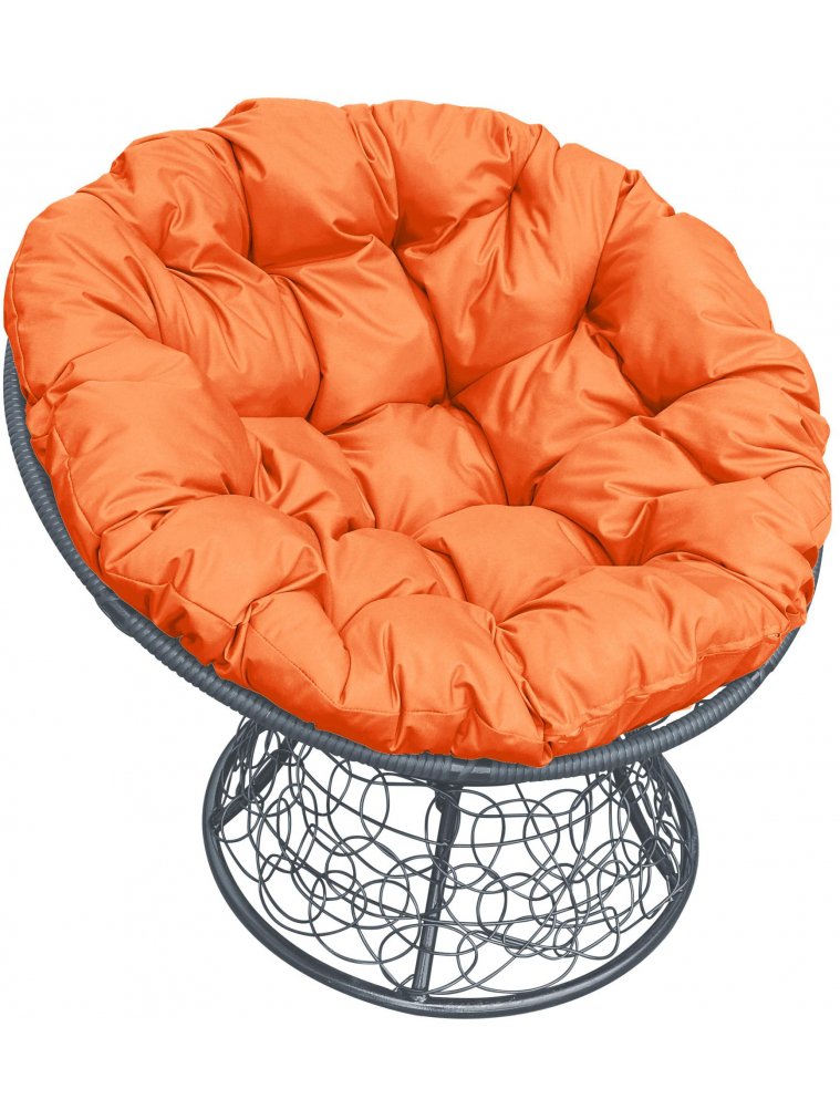 Кресло из ротанга Папасан серое / оранжевая подушка