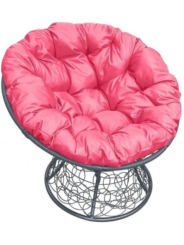Кресло из ротанга Папасан серое / розовая подушка