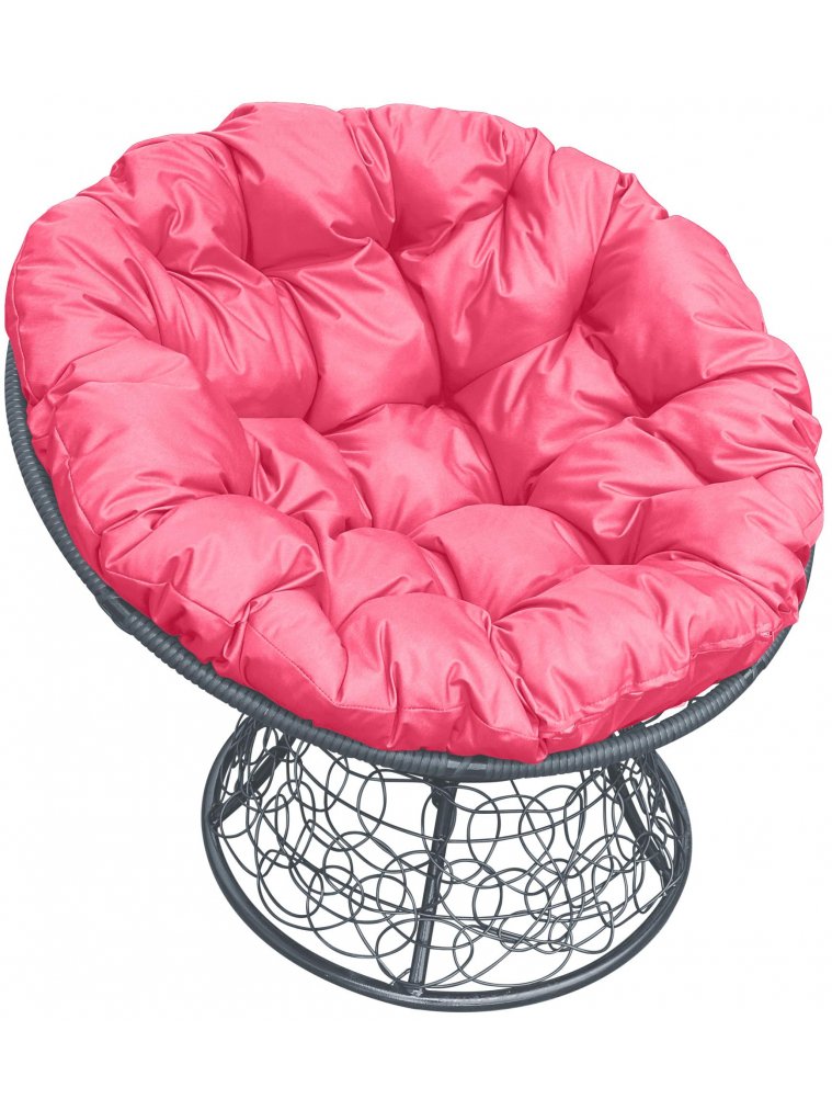 Кресло из ротанга Папасан серое / розовая подушка