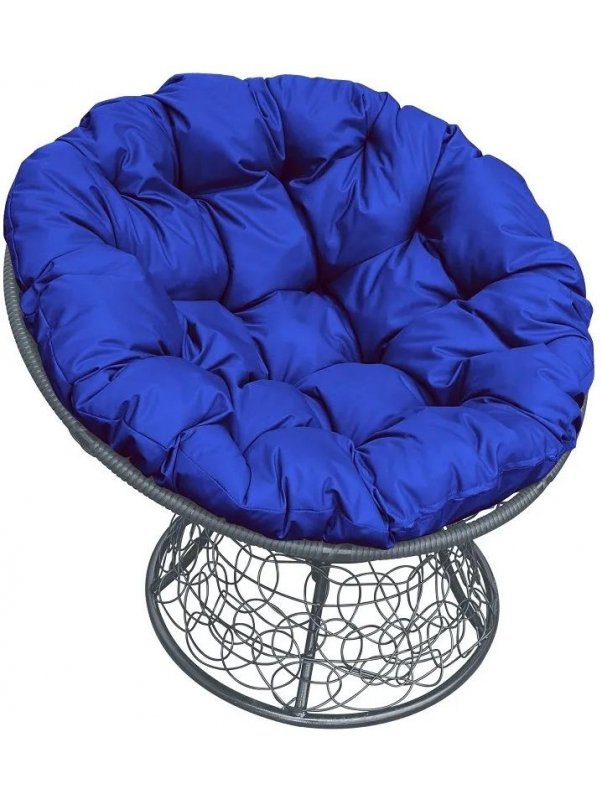 Кресло из ротанга Папасан серое / синяя подушка