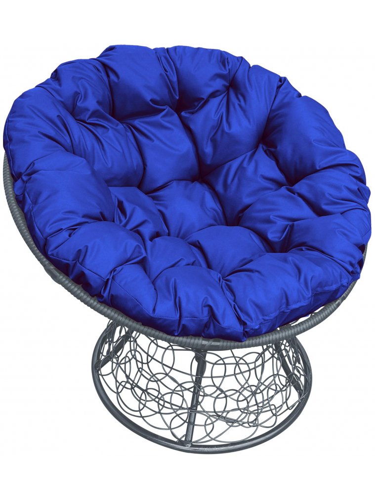 Кресло из ротанга Папасан серое / синяя подушка