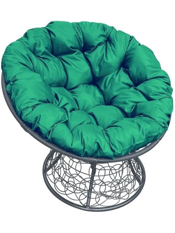 Кресло из ротанга Папасан серое / зелёная подушка