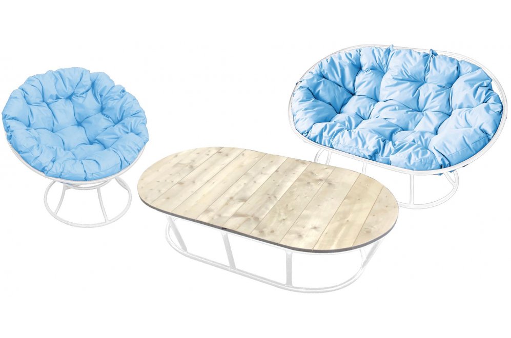 Комплект для отдыха из металла Мамасан Папасан белый / голубая подушка