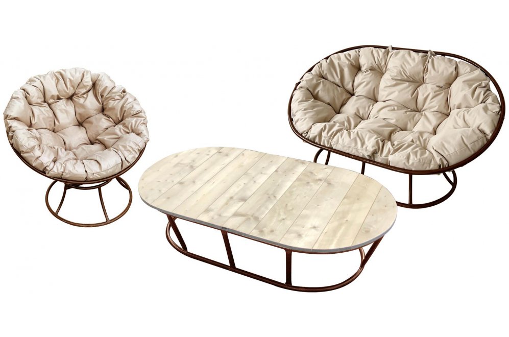 Комплект для отдыха из металла Мамасан Папасан коричневый / бежевая подушка