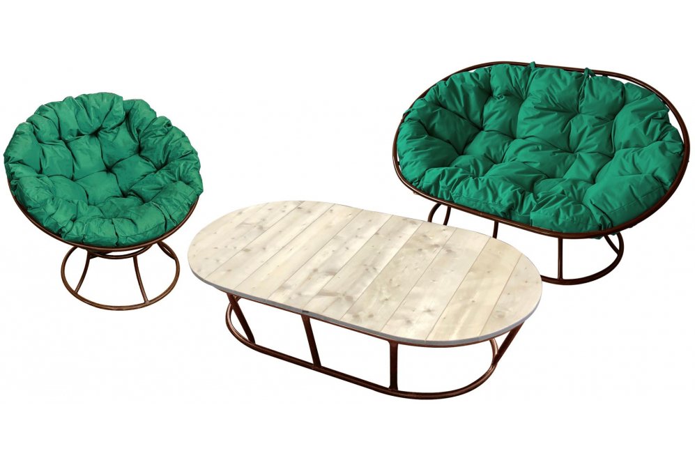 Комплект для отдыха из металла Мамасан Папасан коричневый / зелёная подушка