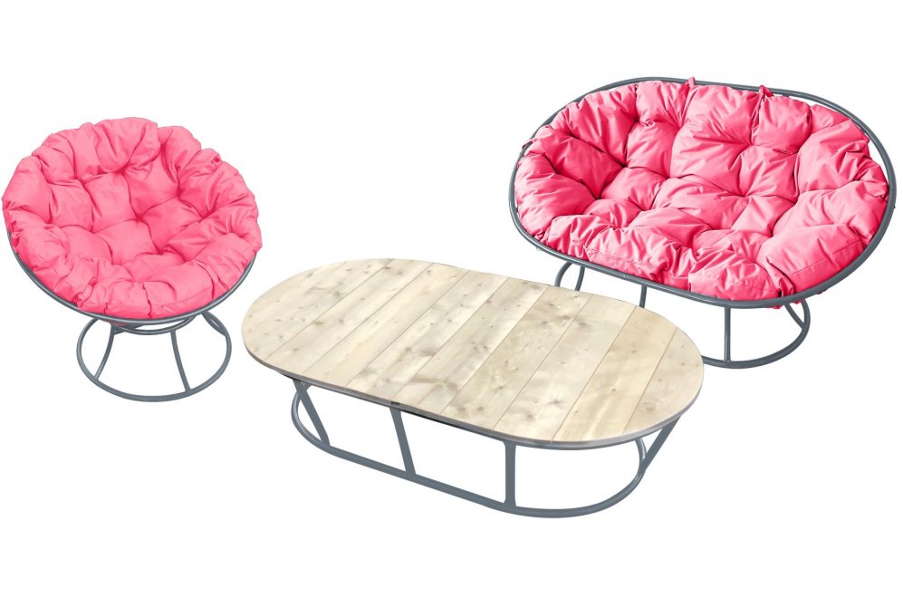 Комплект для отдыха из металла Мамасан Папасан серый / розовая подушка
