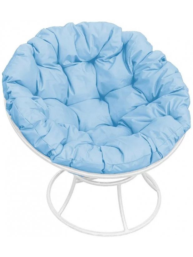 Металлическое кресло Папасан белое / голубая подушка