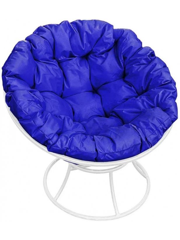 Металлическое кресло Папасан белое / синяя подушка