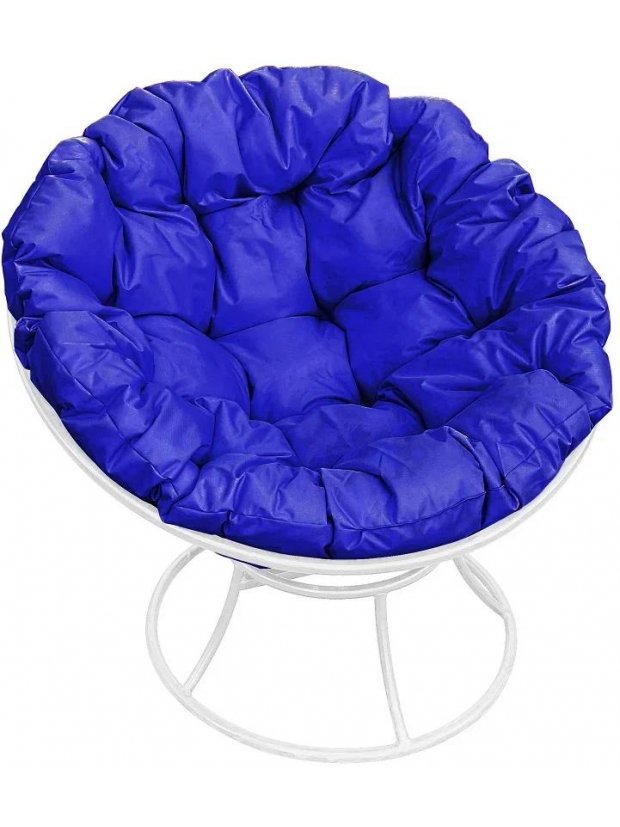 Металлическое кресло Папасан белое / синяя подушка