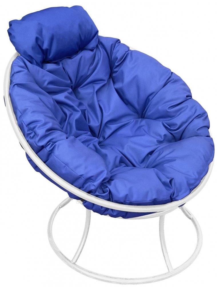Металлическое кресло Папасан мини белое / синяя подушка