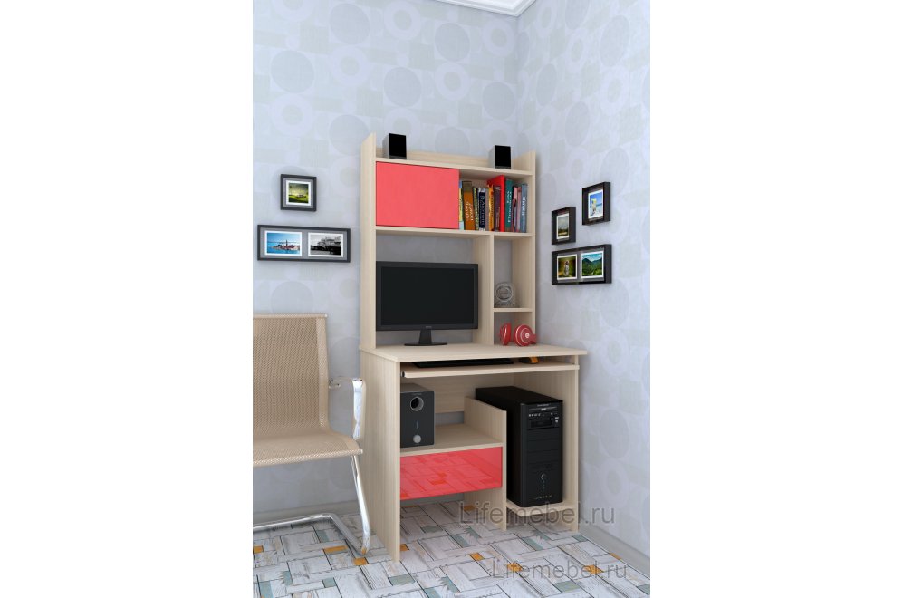 Компьютерный стол Мебелеф - 9 дуб молочный / красный глянец левый