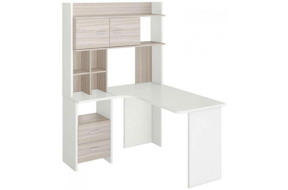 Письменный стол Гарина СКЛ-Угл130+НКЛХ-120 БЕК левый с надстройкой белый жемчуг / карамель