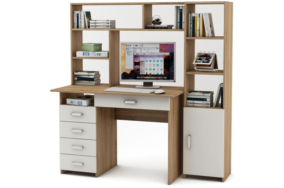 Письменный стол Лайт-4Я с надстройкой белый / дуб сонома