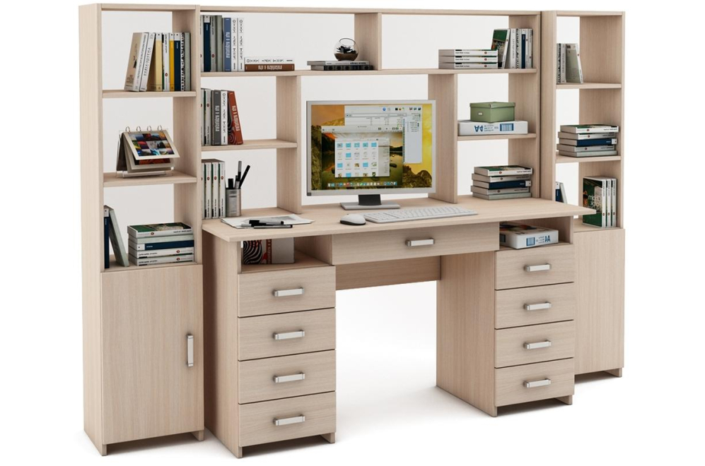 Письменный стол Лайт-9Я 213 см с надстройкой дуб молочный