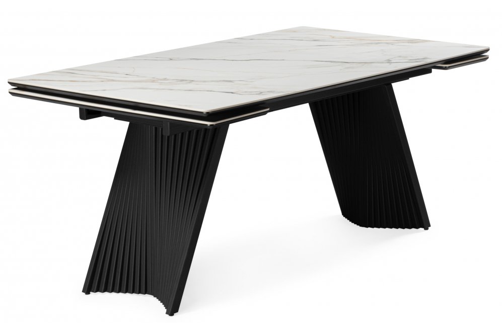 Керамический стол Вейв 160(220)х89 белый с прожилками gilt white / черный