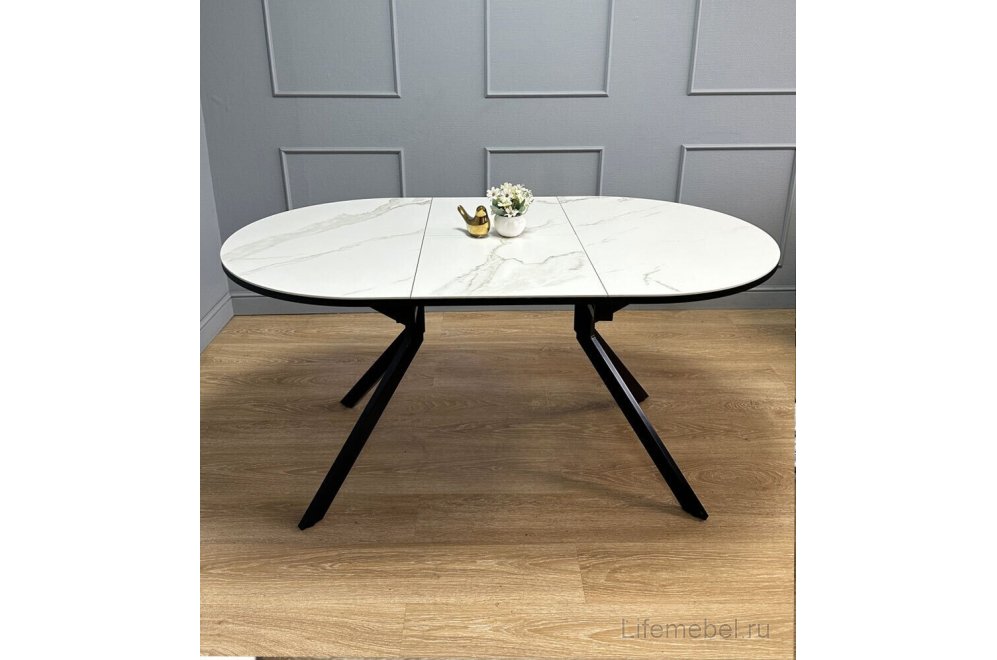 Керамический стол Avilon 110-155х90х76 круглый раскладной белый мрамор / черный