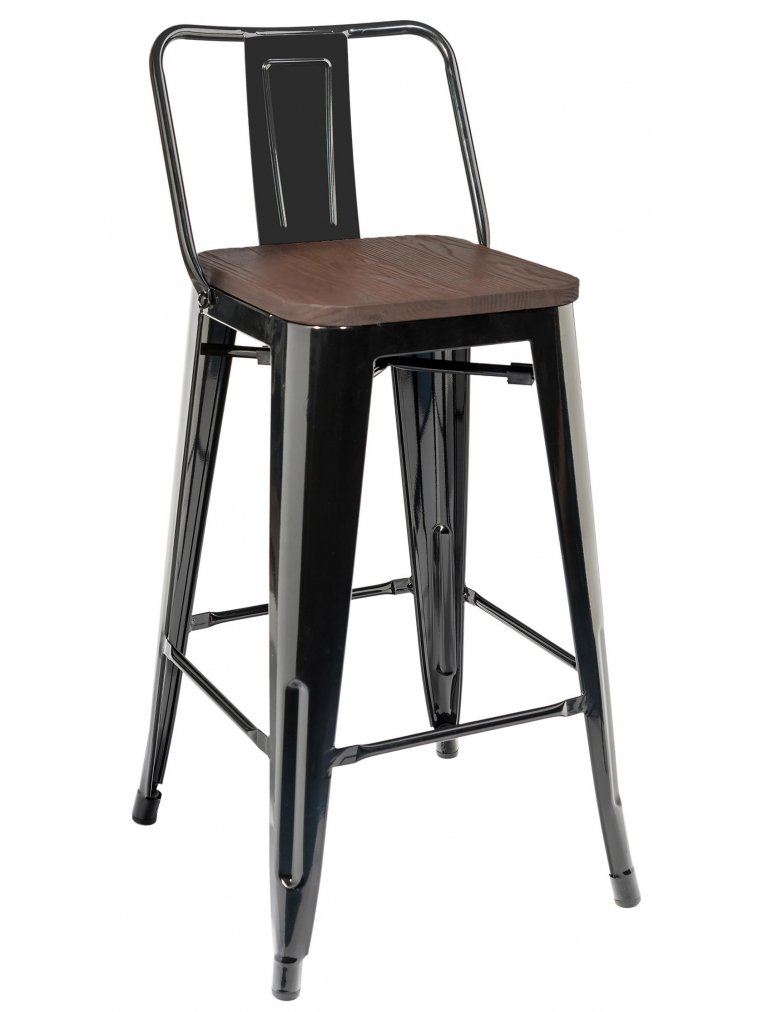 Барный стул Тиоли YD-H675E-W LG-01 со спинкой черный глянцевый / темное дерево