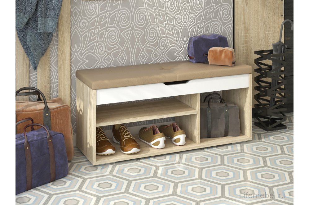 Банкетка Осдер БК-001 кожзам бежевый / дуб сонома светлый / белый шагрень