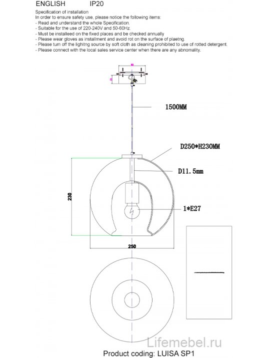 Светильник подвесной LUISA SP1 BRASS/TRANSPARENT