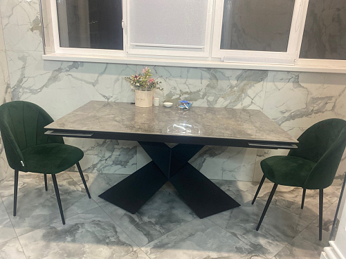 Стеклянный стол Хасселвуд 160(220)х90х77 белый мрамор / черный фото покупателя 1