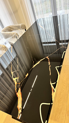 Стеклянный стол Денхольм 240(290)х100х75 обсидиан / черный фото покупателя 7