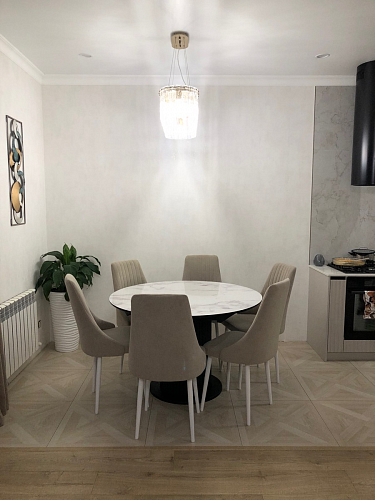 Стеклянный стол Фостер 120(160)х120х76 белый мрамор / черный фото покупателя 82