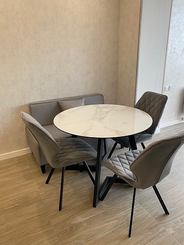 Стеклянный стол Алингсос 100(140)х100х76 белый / белая шагрень фото покупателя 5